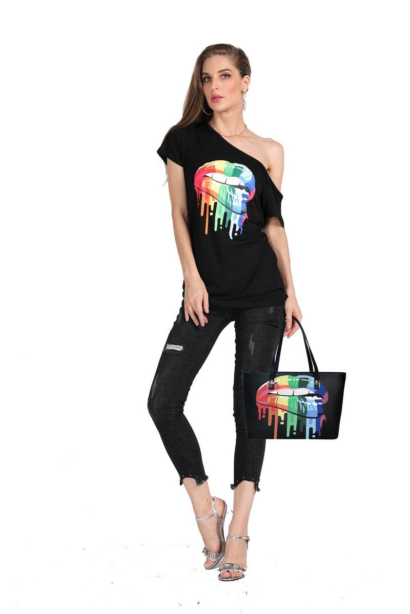 MAGICMK Womenâ€™s Short Lips Print Causal Off The Shoulder Plus Size T-Shirt Tops (Black+XXMOUTH, 2XL) - Image 5